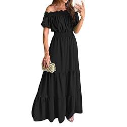 langes Sommerkleid Damen weißes Kleid Sommerkleid kurz Schulterfrei RüSchen Einfarbig Kurzarm Bodenlang Kleid Sexy Hohe Taille Lang Kleid Elegant A-Linie Tunika Kleid Boho Abschlussballkleid von Feibeauty