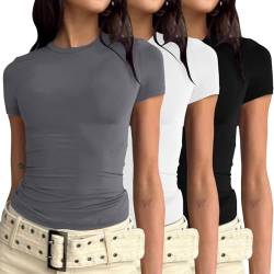 3er Pack Damen Crop Top Basic Shirt Y2K Clothes Kurzarm Oberteile Casual Rundhals Slim Fit Tshirt Teenager Mädchen Streetwear von FeiliandaJJ