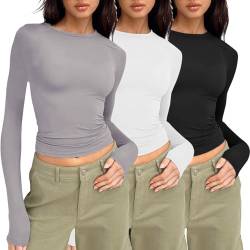 3er Pack Langarmshirt Damen Basic T-Shirt Langarm Crop Top Y2K Slim Fit Oberteile Casual Rundhals Tee Shirt von FeiliandaJJ