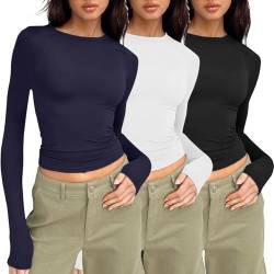 3er Pack Langarmshirt Damen Basic T-Shirt Langarm Crop Top Y2K Slim Fit Oberteile Casual Rundhals Tee Shirt von FeiliandaJJ