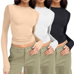 FeiliandaJJ 3er Pack Langarmshirt Tunika Damen Basic T-Shirt Crop Top Y2K Slim Fit Oberteile Casual Rundhals Tee Shirt von FeiliandaJJ