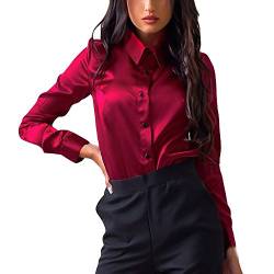 FeiliandaJJ Damen Hemd Bluse, Seide Langarm Shirt Slim Fit Freizeit Oberteil Elegant Top (Rot, DE 48/2XL) von FeiliandaJJ