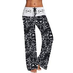 FeiliandaJJ Damen Schwarz Schlafanzughose Katze Drucken Baumwolle High Waist Lang Freizeithose Frauen Strecken Hausehose Pyjamahose Sleep Pants Damen Nachtwäsche Hose von FeiliandaJJ