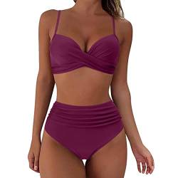 FeiliandaJJ High Waist Bikini Damen Set, Sexy V Ausschnitt Push Up Badeanzug Damen Bauchweg, Zweiteiliger Ruched Bikini Bauchkontrolle Badeanzüge, Crossover Bikini Oberteil mit Bikinihose von FeiliandaJJ