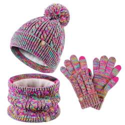 FeiliandaJJ Kindermütze + Loop Schal + Handschuhe Set Winter Babymütze Junge Mädchen Warme Kindermütze Junge Beanie Mütze Dicke Warme gefüttert Wintermütze für Herbst Winter 5-12 Jahre von FeiliandaJJ