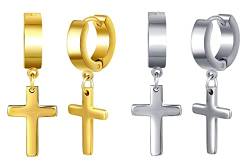 Feilok 2 Paar Creolen Edelstahl Männer Ohrstecker für Herren Damen Hoop Ohrringe Huggie Piercing Ohr Kreuz Ohrhänger Baumeln Klappohrring Silber Gold von Feilok