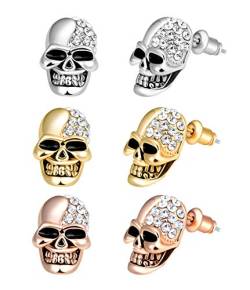 Feilok 3 paar Edelstahl Herren Ohrstecker Creolen Tunnel Ohrringe Totenkopf Zirkonia für Damen Fake Plug Pierced Earrings Stainless Steel Stud Earrings Set von Feilok