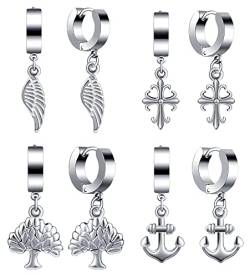 Feilok 4 Paare Herren Ohrringe Ohrstecker Set Cartilage Creolen Edelstahl Silber Flügel Anker Lebensbaum Flügel Anhänger Huggie Piercing Mann Männer von Feilok