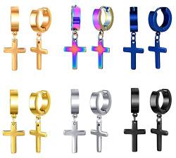 Feilok 6 Paar Damen Ohrringe Edelstahl Männer Ohrstecker Ohrhänger Hängeohrringe Lange Hängend Kreolen für Herren Huggie Piercing Ohr Kreuz Ohrhänger Baumeln Unisex von Feilok