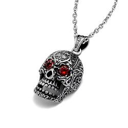 Feilok Edelstahl Schmuck Totenkopf Anhänger Hohle Schädel Kette mit Rot Kristall Augen Skeleton Tribal Gotik Halskette für Herren von Feilok