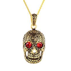 Feilok Edelstahl Schmuck Totenkopf Anhänger Hohle Schädel Kette mit Rot Kristall Augen Skeleton Tribal Gotik Halskette für Herren von Feilok