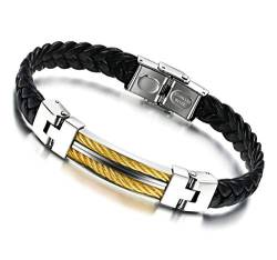 Feilok Elegant Herren Liebe Bridge Armbänder/Armreifen, aus Edelstahl, mit Black Leder, Farben Gelb von Feilok