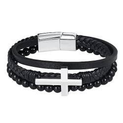 Feilok Kreuz Perle Armband Herren Leder Armband Naturstein Geflochtenes Armband Armreif Wickelarmband Manschette mit Magnetverschluss von Feilok