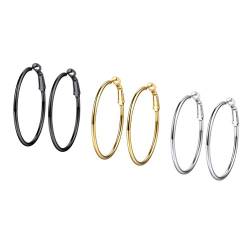 Feilok Ohrringe Set für Damen Edelstahl Runde Klapp Basic Groß Creolen Huggie Kreolen Ohrringe Hoop Klappcreolen Ohrschmuck 40mm Gold/Schwarz/Silber,3 Paar von Feilok