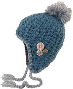 Feinzwirn Debbie Kid HAT- Kinderstrickmütze Handmade Wintermütze mit Bommel und Knopf-Applikation, Mädchenmütze, Wollmütze Mädchen (blau) von Feinzwirn