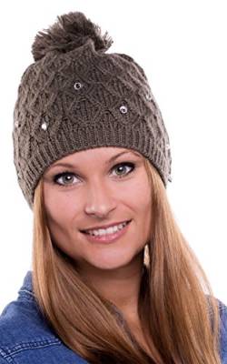 Kira Hat - Schöne Strickmütze mit Bommel und Strasssteinen - Fleece Inside (Walnut) von Feinzwirn