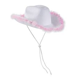Cowboyhut für Damen, Erwachsene, einfarbig, pelziger Rand, breite Krempe, Cowboyhüte mit Federn für Verabredung, Party, Tanz, Rosa, Einheitsgröße von Felcia