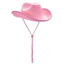 Cowboyhut für Damen, Erwachsene, einfarbig, pelziger Rand, breite Krempe, Cowboyhüte mit Federn für Verabredung, Party, Tanz, Rosa, Stil 2, Einheitsgröße von Felcia
