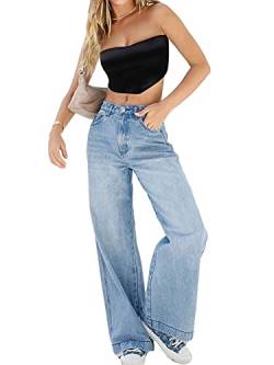 Damen-Jeans, hohe Taille, weites Bein, Denim-Jeans, gerade, lässig, locker, Baggy-Hose, Vintage, Y2K, E-Girl, Streetwear, Dunkelblau, XL von Felcia