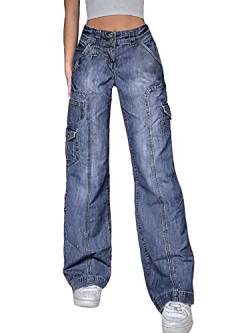 Damen-Jeans, hohe Taille, weites Bein, Denim-Jeans, gerade, lässig, locker, Baggy-Hose, Vintage, Y2K, E-Girl, Streetwear, F-blau, L von Felcia