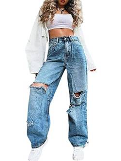 Damen-Jeans, hohe Taille, weites Bein, Denim-Jeans, gerade, lässig, locker, Baggy-Hose, Vintage, Y2K, E-Girl, Streetwear, e-blau, L von Felcia