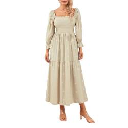 Damen Langarm Maxikleid Quadratischer Ausschnitt Blume Stickerei Rückenfrei Bohemian Flowy Kleid Elegant Strand Langes Kleid, A-apricot, L von Felcia