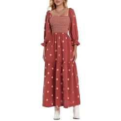 Damen Langarm Maxikleid Quadratischer Ausschnitt Blume Stickerei Rückenfrei Bohemian Flowy Kleid Elegant Strand Langes Kleid, A-braun, Small von Felcia