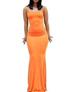 Damen-Maxikleid mit Spaghettiträgern, ärmellos, lang, einfarbig, figurbetont, unten weit ausgestellt, Abend- und Partykleid, Orange, X-Small von Felcia