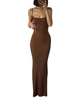 Damen-Maxikleid mit Spaghettiträgern, ärmellos, lang, einfarbig, figurbetont, unten weit ausgestellt, Abend- und Partykleid, braun, Medium von Felcia