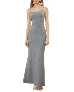 Damen-Maxikleid mit Spaghettiträgern, ärmellos, lang, einfarbig, figurbetont, unten weit ausgestellt, Abend- und Partykleid, grau, Medium von Felcia