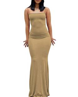 Damen-Maxikleid mit Spaghettiträgern, ärmellos, lang, einfarbig, figurbetont, unten weit ausgestellt, Abend- und Partykleid, khaki, Medium von Felcia