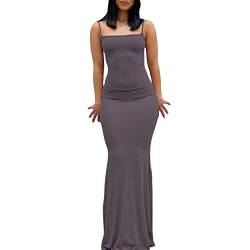 Damen-Maxikleid mit Spaghettiträgern, ärmellos, lang, einfarbig, figurbetont, unten weit ausgestellt, Abend- und Partykleid, violett, L von Felcia