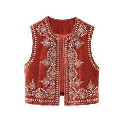 Damen Westen Vintage Floral Bestickt Crop Weste Casual Nationalen Stil Offene Front Ärmellos Cardigan Oberbekleidung Gilet Streetwear, C-Orange, 42 von Felcia