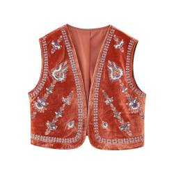 Damen Westen Vintage Floral Bestickt Crop Weste Casual Nationalen Stil Offene Front Ärmellos Cardigan Oberbekleidung Gilet Streetwear, J-red, 36 von Felcia