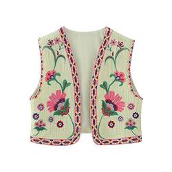 Damen Westen Vintage Floral Stickerei Crop Weste Casual National Style Open Front Ärmellos Cardigan Oberbekleidung Gilet Streetwear, A-Grün, bunt, 38 von Felcia