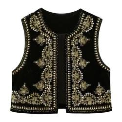 Damen Westen Vintage Floral Stickerei Crop Weste Casual National Style Open Front Ärmellos Cardigan Oberbekleidung Gilet Streetwear, C-schwarz, L von Felcia