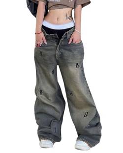 Damen Y2K Hohe Taille Hosen Weites Bein Denim Jeans Gerade Lässige Lose Baggy Hosen Vintage E-Girl Streetwear, L-blau, S von Felcia