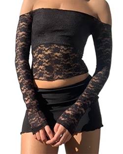 Damen Y2K Schulterfrei Cropped T-Shirt Casual Floral Durchsichtige Spitze Langarm Tops Streetwear Clubwear, A-schwarz, Small von Felcia