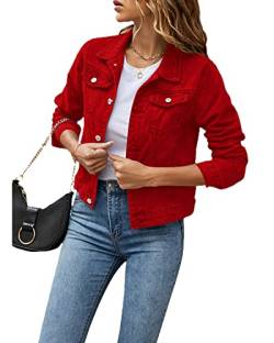 Einfarbige Denim-Jacke für Damen, lässig, langärmelig, Knopfleiste, Brusttasche, Jeansjacke (rot, S), rot, 36 von Felcia