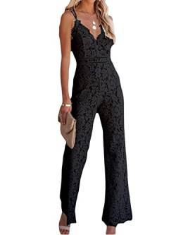 Felcia Damen-Jumpsuit mit Spaghettiträgern, V-Ausschnitt, Spitze, offener Rücken, breites Bein, lange Hose, Schwarz , S von Felcia