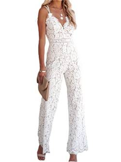 Felcia Damen-Jumpsuit mit Spaghettiträgern, V-Ausschnitt, Spitze, offener Rücken, breites Bein, lange Hose, weiß, L von Felcia