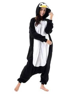 Felcia Damen Neuheit Tier Jumpsuit Langarm Plüsch Pyjama Casual Button Down Strampler Halloween Cosplay Outfit, pinguin, 46 von Felcia