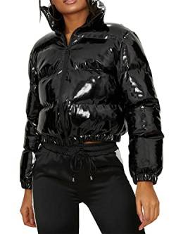 Felcia Damen Puffer Jacken Langarm Stehkragen Metallic Cropped Down Streetwear Outwear, A-schwarz, 36 von Felcia