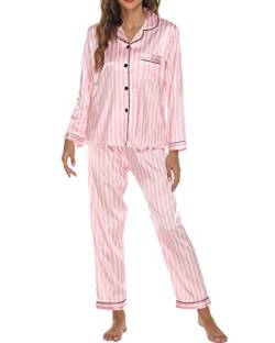 Felcia Damen-Pyjama-Set, Satin, langärmelig, Hemd mit Knopfleiste und lockerer elastischer Hose, Nachtwäsche, Loungewear, 2-teilig, A-rosa Streifen, 36 von Felcia