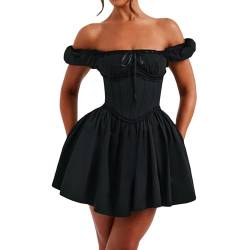 Felcia Damen Retro Fee Spitze Minikleid Sommer Schulterfrei Rückenfrei Korsett A Linie Kleid für Party Cocktail Streetwear, A-schwarz, Medium von Felcia