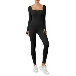 Felcia Damen Sexy Gerippte Yoga Jumpsuits Quadratischer Ausschnitt Langarm Einteiler Strampler Schwarz Bodycon Workout Sport Jumpsuit, A-schwarz, 38 von Felcia