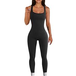 Felcia Damen Sexy Gerippte Yoga Jumpsuits Quadratischer Ausschnitt Langarm Einteiler Strampler Schwarz Bodycon Workout Sport Jumpsuit, C-schwarz, 38 von Felcia