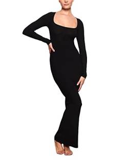 Felcia Damen Sexy figurbetontes Kleid Langarm Einfarbig Quadratischer Ausschnitt Kleid für Cocktail Club Party, Schwarz , L von Felcia