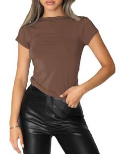 Felcia Damen Skims Dupe T-Shirt Fitted Crop Tops Einfarbig Kurzarm Cropped Baby Tees Sommer Streetwear Y2K Tops, C-braun, M von Felcia