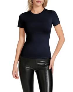 Felcia Damen Skims Dupe T-Shirt Fitted Crop Tops Einfarbig Kurzarm Cropped Baby Tees Sommer Streetwear Y2K Tops, C-dark blue, Small von Felcia